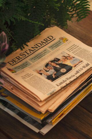Stack of Der Standard newspapers on a wooden surface with a plant in the background.